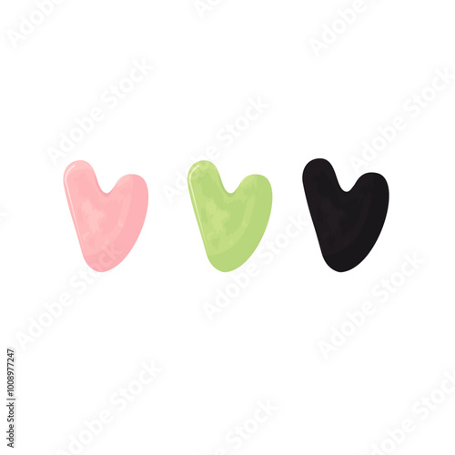 Guasha massage scraping. Roller for Face and Gua Sha Massage. Pink rose, green and black quartz stone roller and Scraping Plate Kit. Anti-Aging Beauty Skincare Tool. Vector illustration.