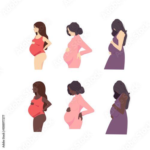 Set of hand drawing pregnant women. Isolated, on white background. Pregnant lady. Vector illustration