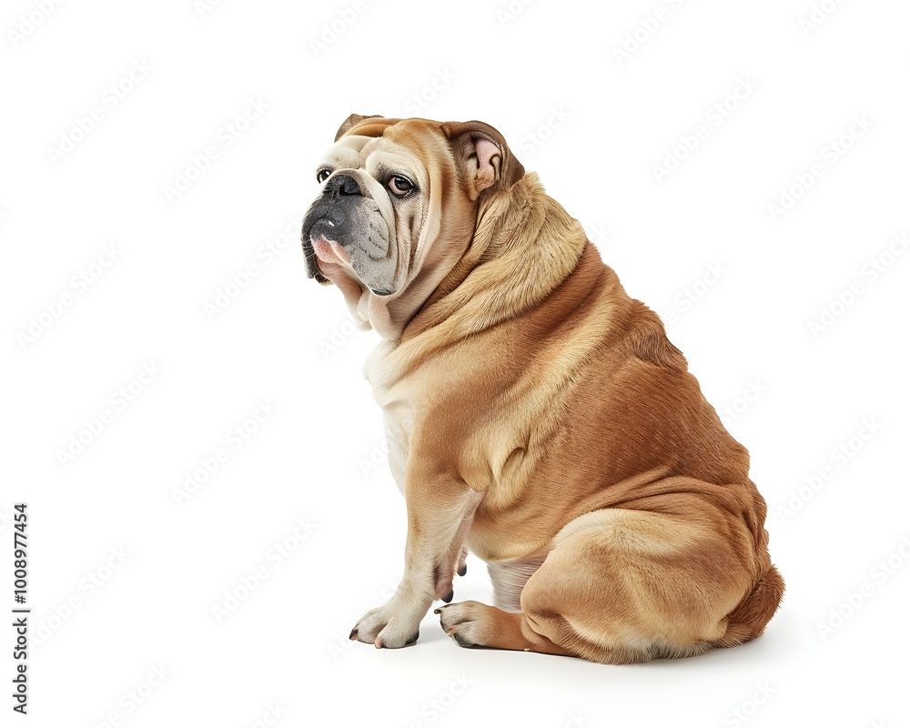 Obraz premium Chunky Bulldog Sitting with Grumpy Expression on White Background