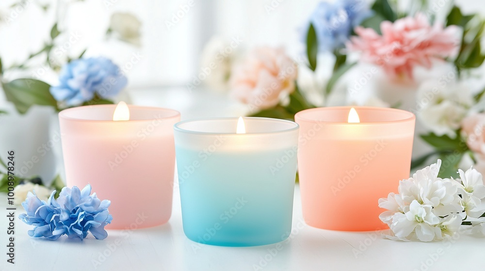 Three candles sit atop a table, adjacent to a vase of white and blue flowers Three candles sit atop a table, adjacent to a vase of white and blue flowers