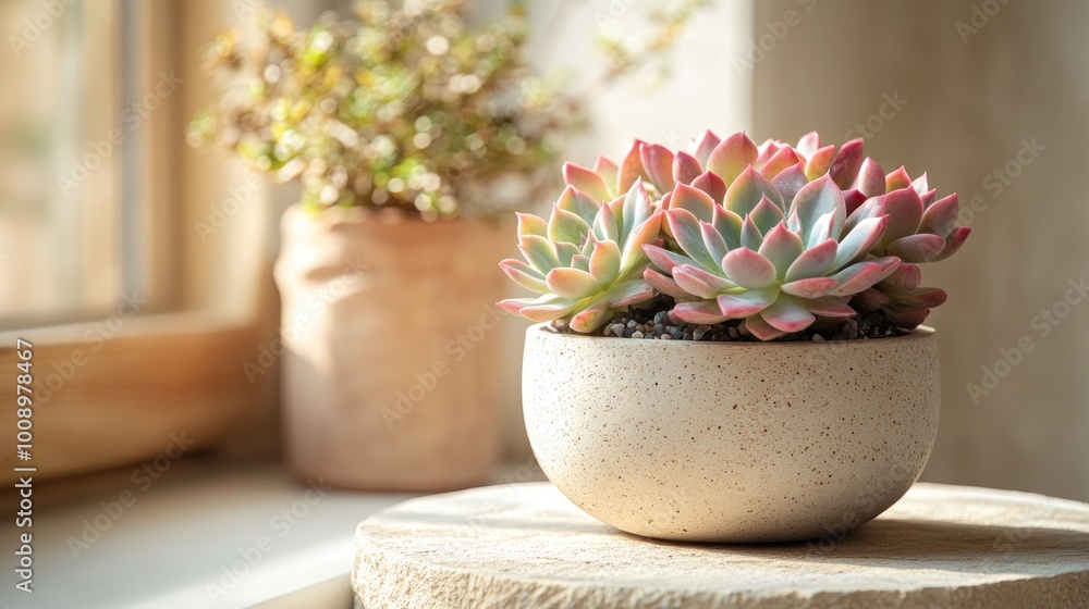 A vibrant succulent in a decorative pot by a sunlit window. A vibrant succulent in a decorative pot by a sunlit window.