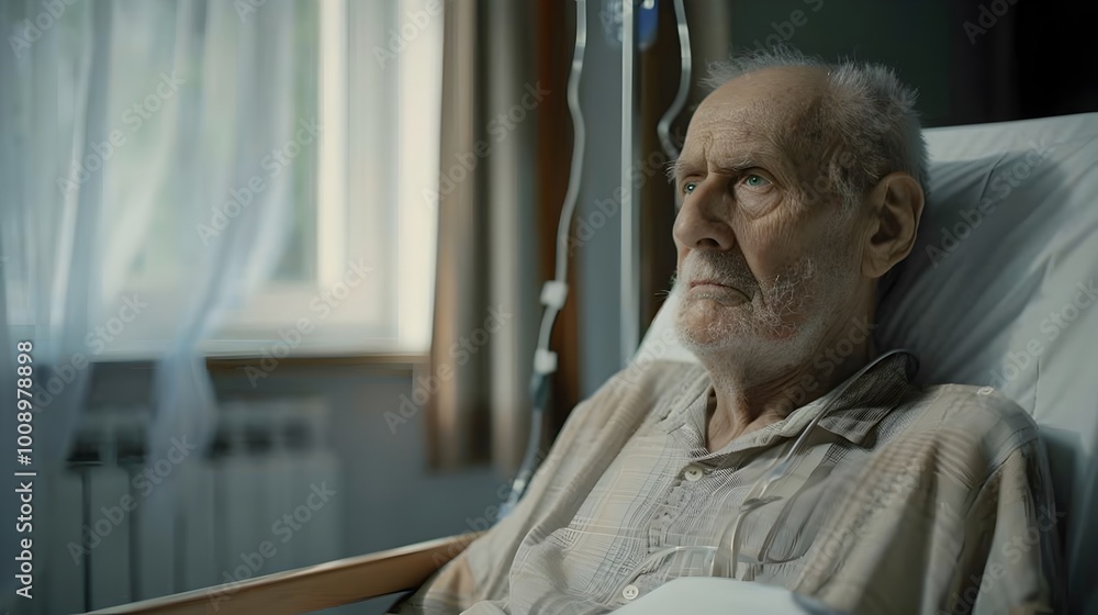 Fototapeta premium Elderly Man Gazes Out Hospital Window Finding Hope in Resilience and Struggle