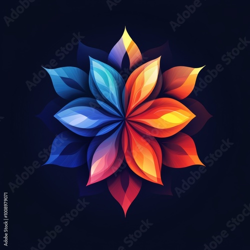 Abstract Colorful Flower Design Floral Mandala Blue Red Yellow Gradient Dark Backgro