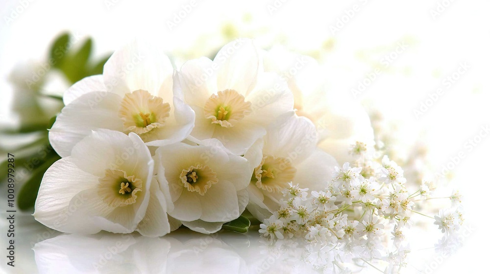 Fototapeta premium White flowers on white surface with reflection