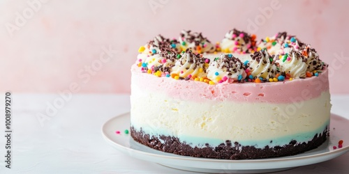 A delightful layered cake with colorful frosting and sprinkles, perfect for celebrations and special occasions. photo