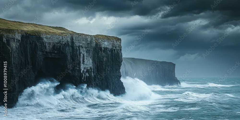 A dramatic coastal scene featuring rugged cliffs and turbulent waves under a stormy sky, evoking a sense of wild nature. A dramatic coastal scene featuring rugged cliffs and turbulent waves under a stormy sky, evoking a sense of wild nature.