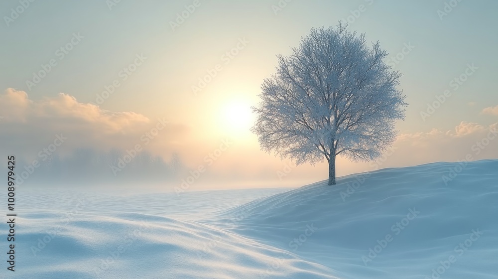 A serene winter landscape with a solitary tree and soft sunlight. A serene winter landscape with a solitary tree and soft sunlight.