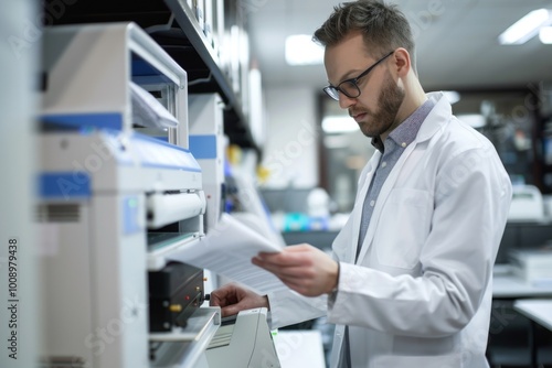 A researcher examining a document in a lab setting, possibly discussing findings or making notes