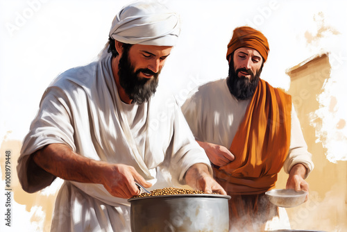 Biblical depiction of Jacob preparing lentil soup for Esau, illustrating the Old Testament story of the exchange of Esau’s birthright for food.
