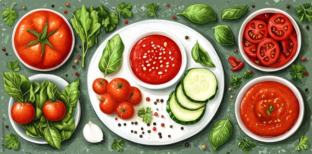 Top view of a plate with tomato sauce, cucumber slices, cherry tomatoes, and spices. Top view of a plate with tomato sauce, cucumber slices, cherry tomatoes, and spices.