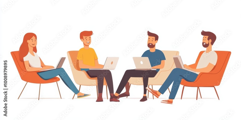 A group of people engaged in a collaborative meeting, using laptops in a modern workspace setting. A group of people engaged in a collaborative meeting, using laptops in a modern workspace setting.