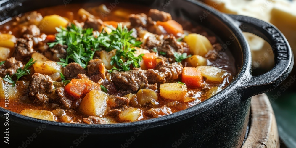 A hearty meat stew served in a cast iron pot, filled with potatoes, carrots, and fresh herbs, perfect for cozy meals. A hearty meat stew served in a cast iron pot, filled with potatoes, carrots, and fresh herbs, perfect for cozy meals.