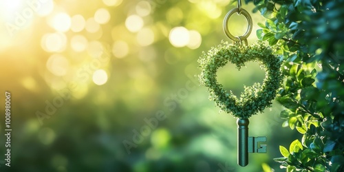 A heart-shaped key made of greenery symbolizes love and nature, surrounded by a soft, glowing background.