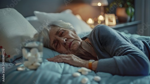 Elderly Woman Resting in Bed with Medication and Water on Nightstand Depicting Chronic Illness Battle