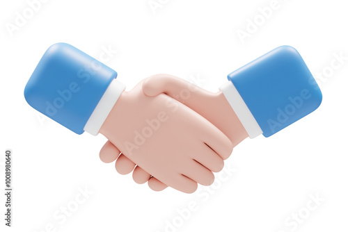 3D rendered illustration of business cooperation concept with hand icon, cartoon businessman showing handshake gesture isolated on transparent background.