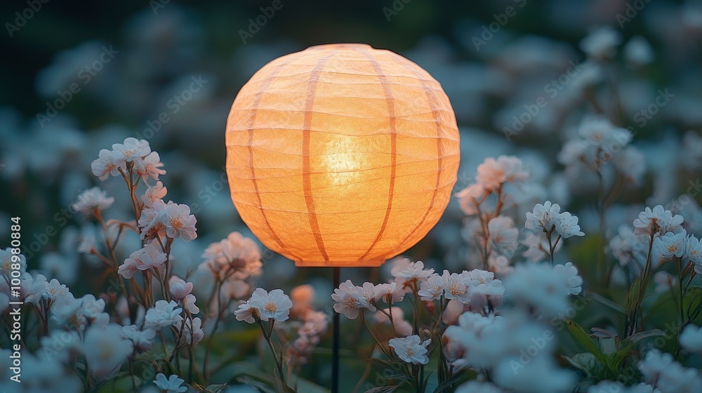 Glowing Paper Lantern in a Field of White Flowers Glowing Paper Lantern in a Field of White Flowers