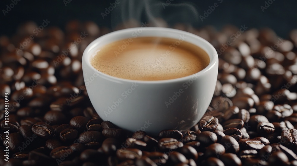 A steaming cup of coffee surrounded by roasted coffee beans. A steaming cup of coffee surrounded by roasted coffee beans.