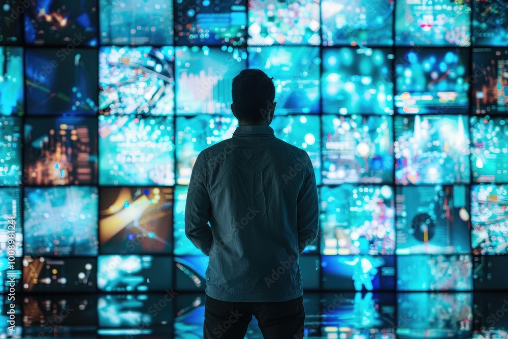 A person standing near a large screen displaying multiple TVs, ideal for use in digital media or technology-related contexts A person standing near a large screen displaying multiple TVs, ideal for use in digital media or technology-related contexts