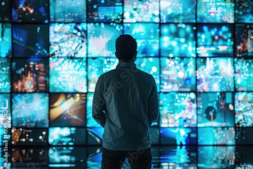 A person standing near a large screen displaying multiple TVs, ideal for use in digital media or technology-related contexts