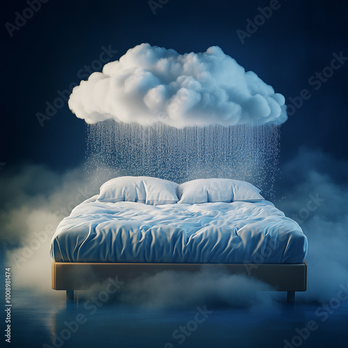 a matress surrounded by a cloud raining pillows, sleepwell photo