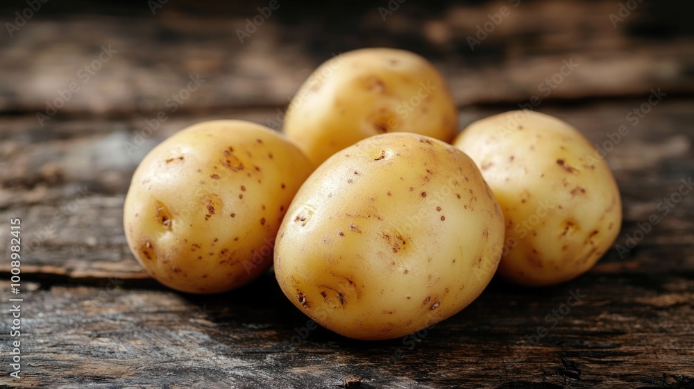 Three potatoes on wooden table Three potatoes on wooden table