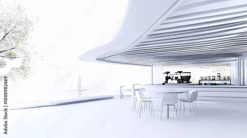 Obraz premium 3D illustration of a modern minimalist coffee shop landscape. Architectural design perspective, construction of a fantasy building.