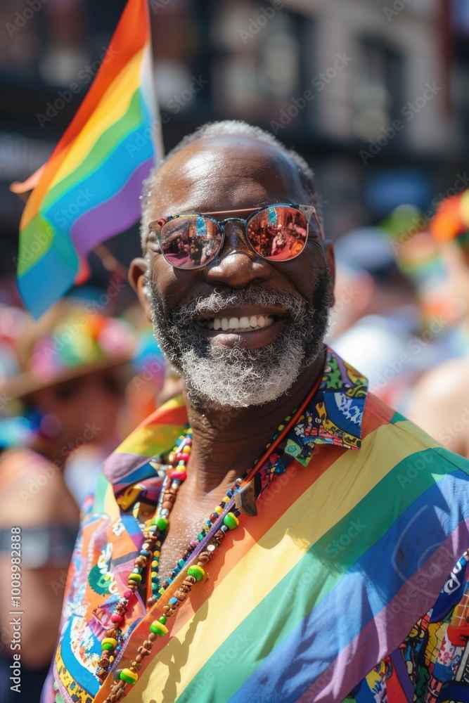 Obraz premium A person dressed in casual attire with a vibrant rainbow shirt and trendy sunglasses