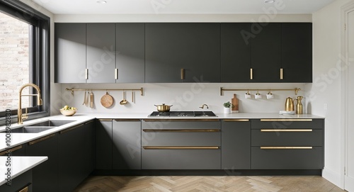Modern matte cabinetry with gold accents in a chic  minimalist kitchen