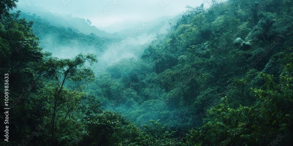 A serene misty forest landscape showcasing lush greenery and tranquil atmosphere, perfect for nature-themed projects.