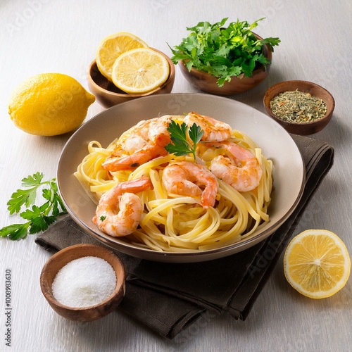 shrimp pasta and ingredients lemon herbs spices salt