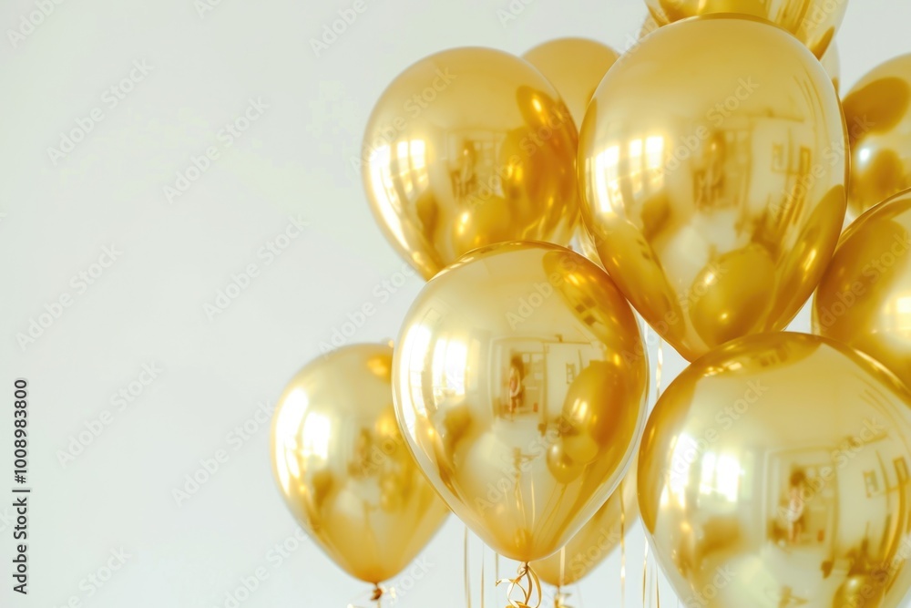 A group of shiny gold balloons floating in the air with a cityscape visible in the background A group of shiny gold balloons floating in the air with a cityscape visible in the background