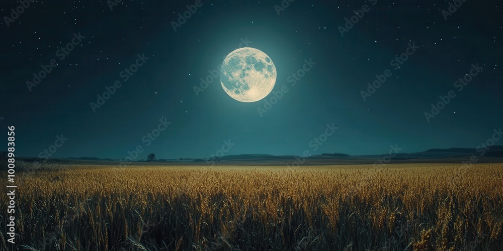 Fototapeta premium A serene night scene featuring a full moon illuminating a golden field under a starry sky, creating a peaceful atmosphere.