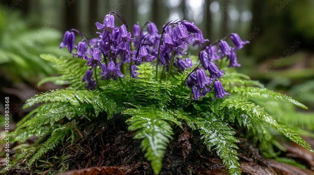 Obraz premium A cluster of vibrant purple blossoms atop a verdant, dense forest canopy brimming with numerous green foliage