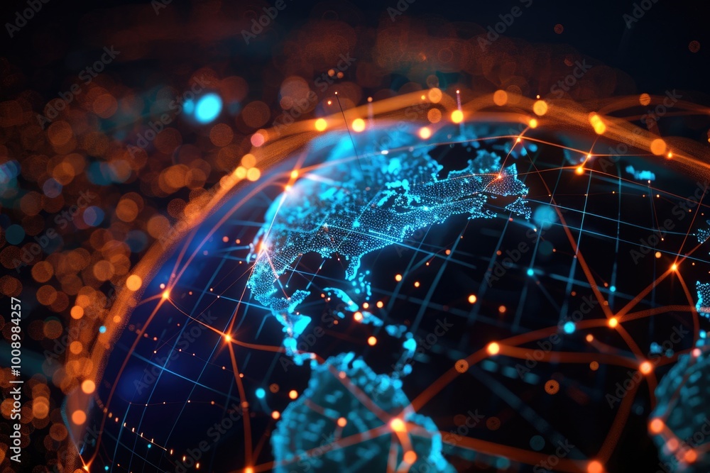 Obraz premium A detailed view of a globe surrounded by numerous lights, great for representing global connections or technological advancements