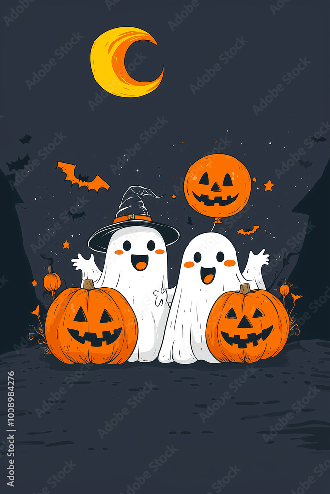 Fototapeta premium two lovely ghosts in a sheet on Halloween night in the forest, with ballons and pumpkins