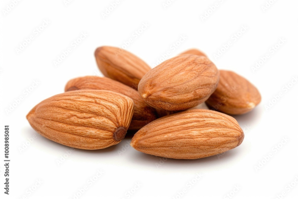 A compact stack of almonds on a clean white background A compact stack of almonds on a clean white background