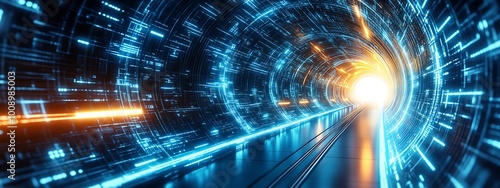 An abstract image of a data tunnel with glowing blue lines spiraling inward, giving a sense of being drawn into a digital world. 