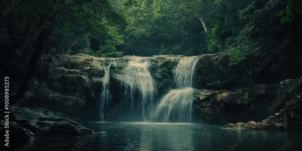 Fototapeta premium A serene waterfall cascades into a tranquil pool, surrounded by lush green forest, creating a peaceful natural retreat.