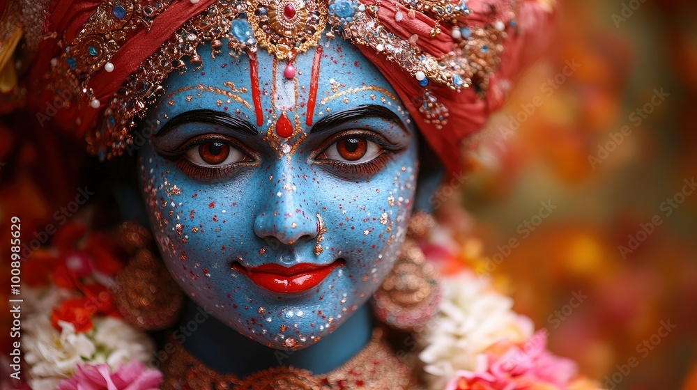Close-up Portrait of Krishna with Intricate Makeup and Adornments Close-up Portrait of Krishna with Intricate Makeup and Adornments