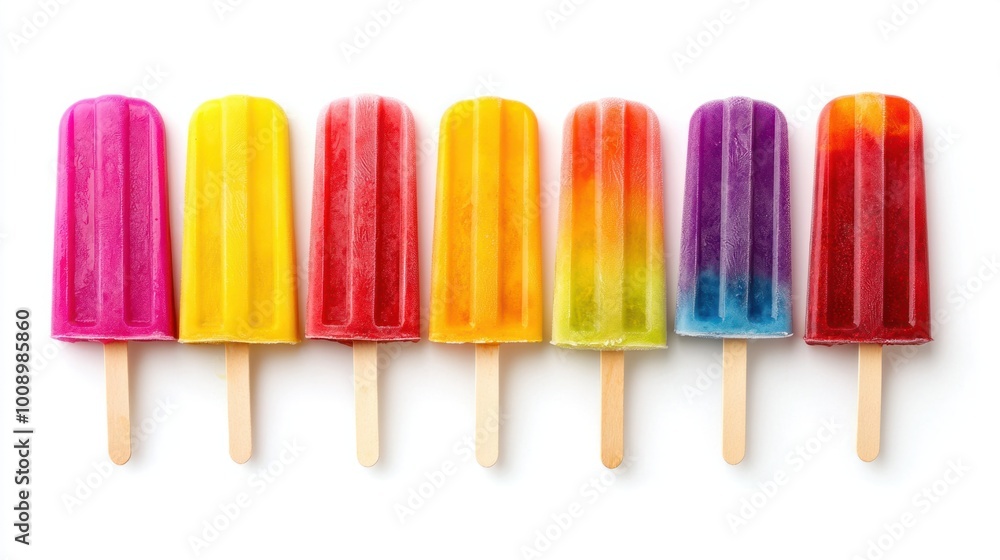 Row of vibrant popsicles in various flavors, isolated on white background Row of vibrant popsicles in various flavors, isolated on white background