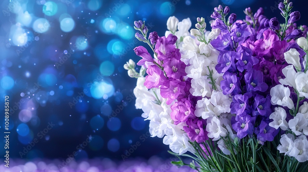A stunning bouquet of purple and white flowers set against a backdrop of deep blue and purple tones, with subtle bokeh lighting in the background A stunning bouquet of purple and white flowers set against a backdrop of deep blue and purple tones, with subtle bokeh lighting in the background