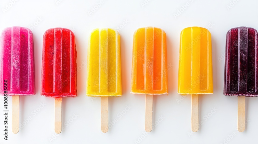 Row of vibrant popsicles in various flavors, isolated on white background Row of vibrant popsicles in various flavors, isolated on white background