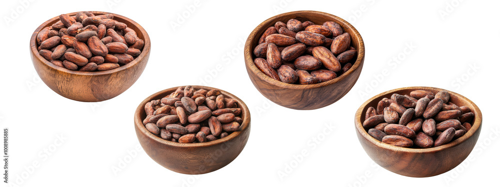 Cocoa beans in wooden bowl on white background Cocoa beans in wooden bowl on white background