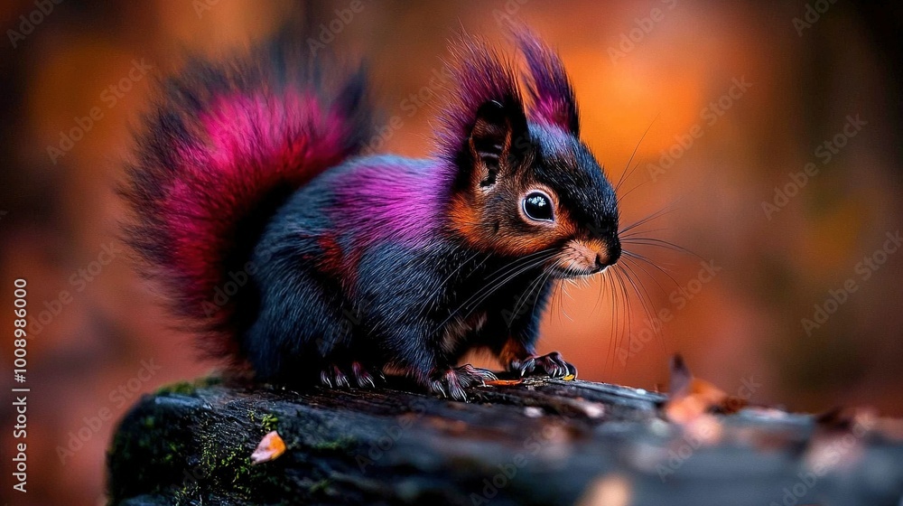 A red and black squirrel perches atop a tree stump with vibrant purple leg streaks A red and black squirrel perches atop a tree stump with vibrant purple leg streaks