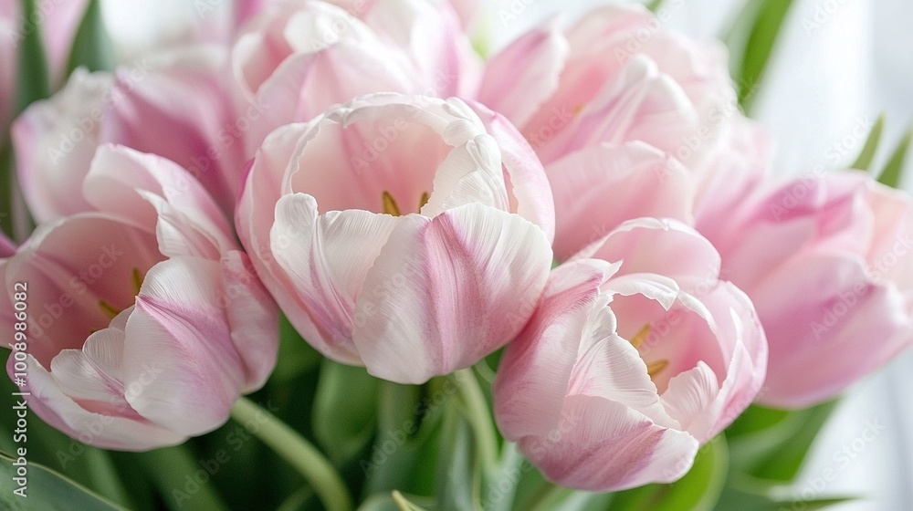 A pink tulip bouquet in a vase on a white wall window sill A pink tulip bouquet in a vase on a white wall window sill