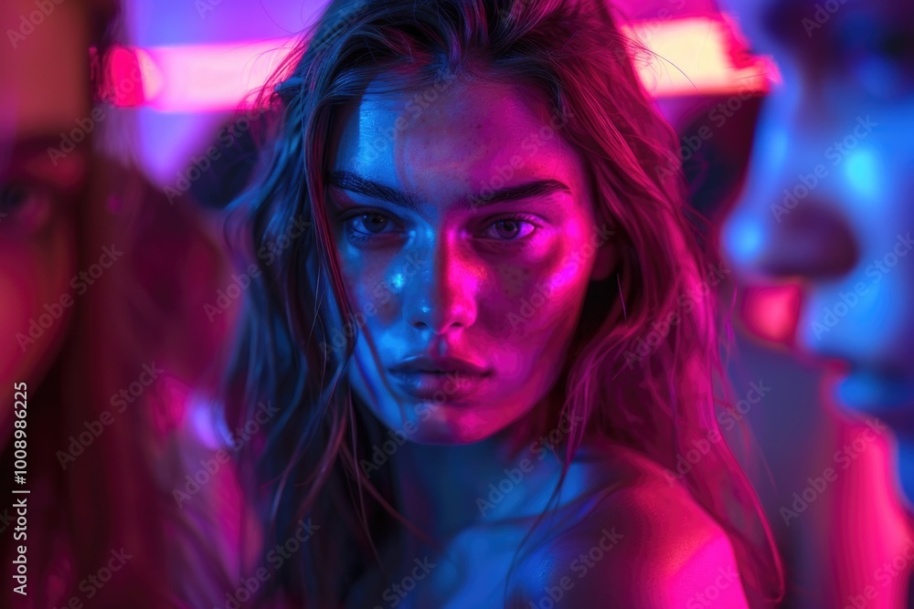 A woman stands in a neon-lit room, looking directly at the camera A woman stands in a neon-lit room, looking directly at the camera