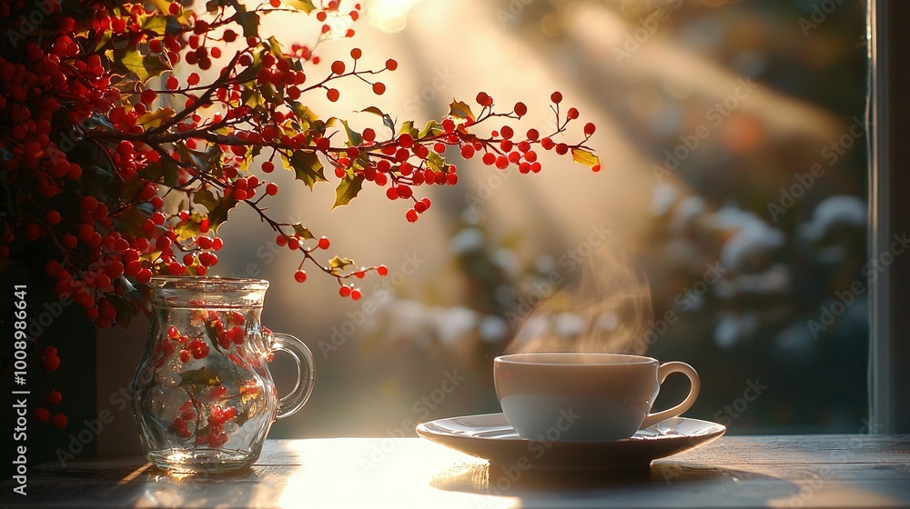 Table with cup, saucer & vase of berries under sunbeams Table with cup, saucer & vase of berries under sunbeams
