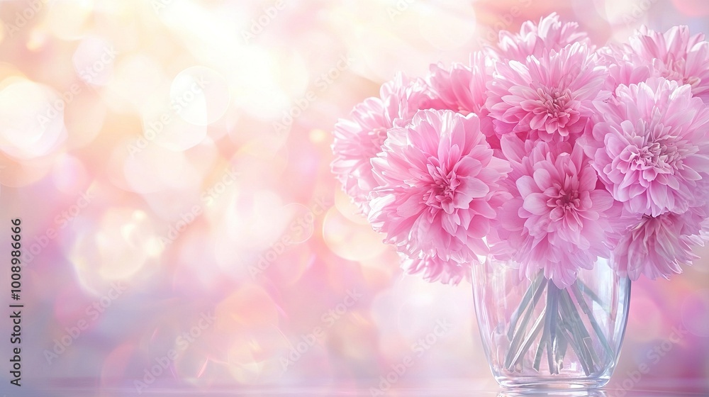 A vase with pink flowers atop a table against a pink and white blur A vase with pink flowers atop a table against a pink and white blur