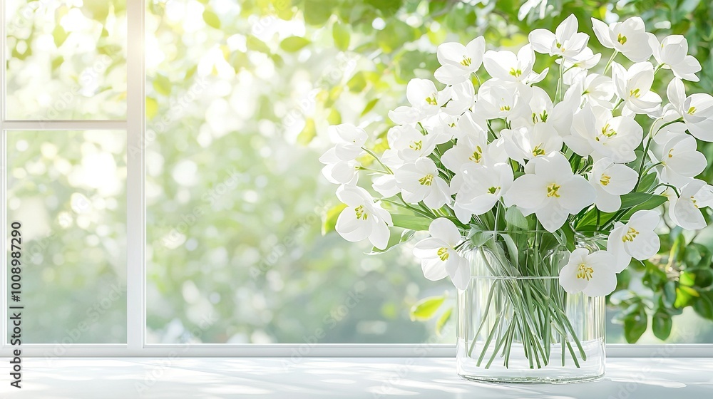 A vase with white flowers sits on a window sill beside a green leafy tree A vase with white flowers sits on a window sill beside a green leafy tree