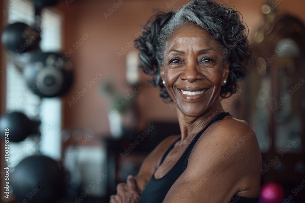 An older woman with a warm smile and her arms crossed, conveying confidence and contentment An older woman with a warm smile and her arms crossed, conveying confidence and contentment